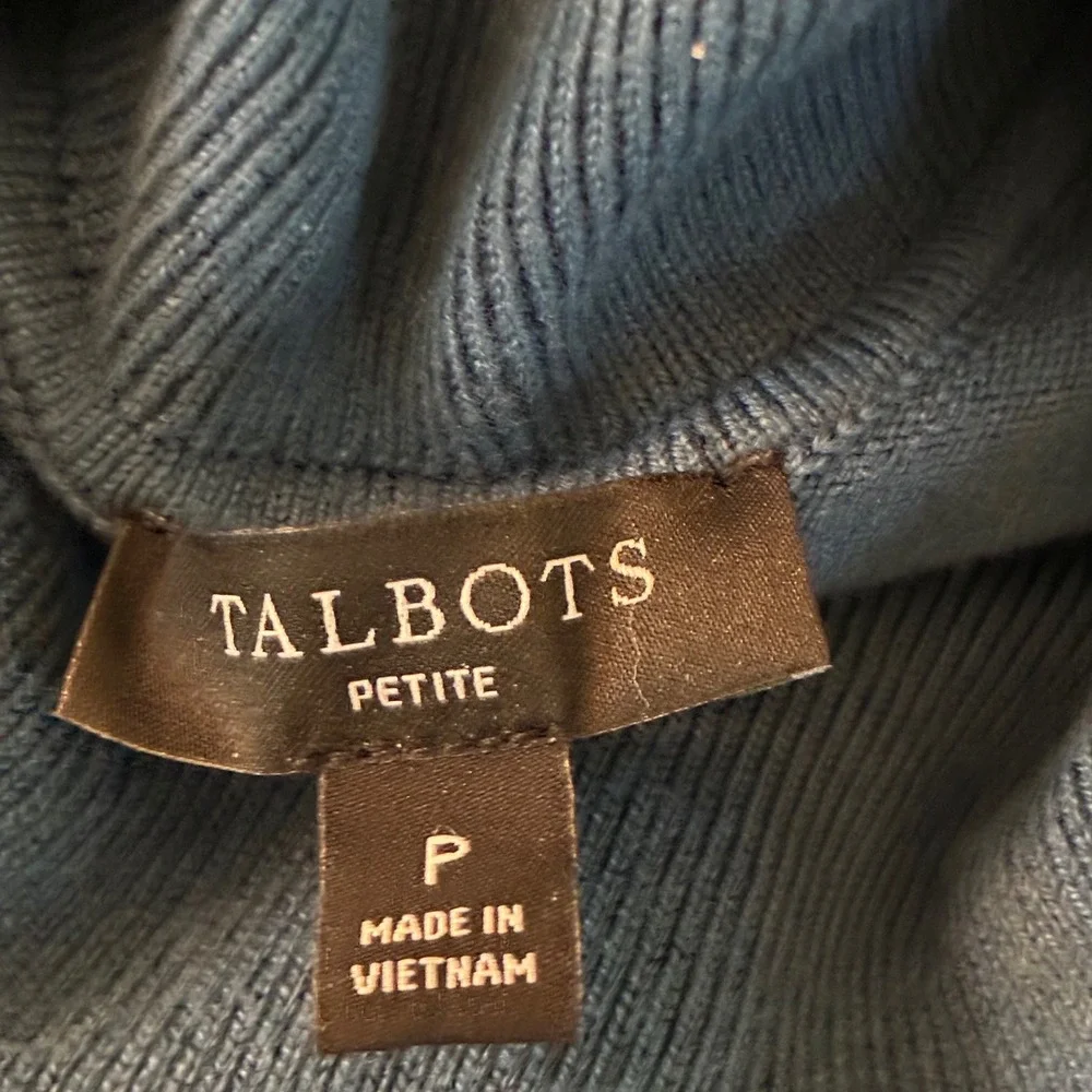 Talbots Petite Teal Blue Turtleneck Sweater‎ Button Cuff Cotton Modal Knit P
